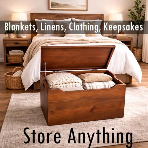 Fully Assembled, Solid Wood Storage Chest with Lid & Handles, Wooden Box, Organizer, Storage, Birthday, Gift, Blankets, Clothes, Keepsakes, Anti-Slam Hinges, 30” Professional Walnut Finish