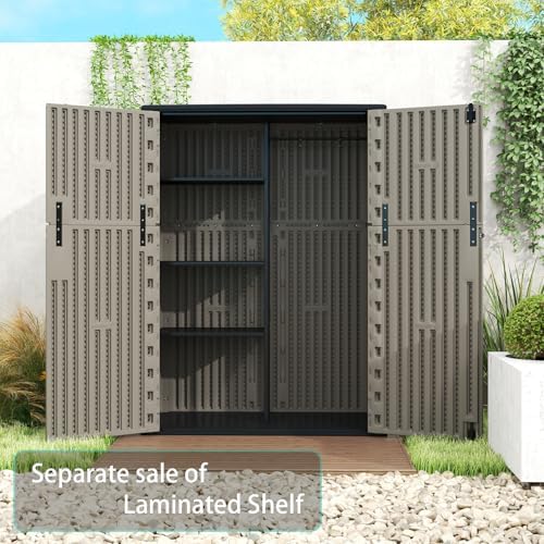 ZZM 57 Cu.ft Outdoor Storage Shed HDPE Storage Cabinet, Double-Wall Resin Sheds with Floor Vertical Lockable Sheds Garden Tools Trash Can, Lawn Mower, Bike Storage, Waterproof, Brown