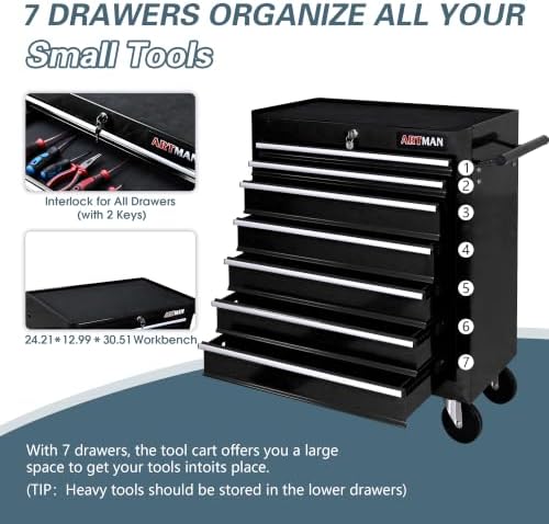 7 Drawers Rolling Tool Chest on Wheels, Multifunctional Tool Cart Tool Storage, Drawers Rolling Tool Trolley Organizer Tool Case for Garage,Warehouse,Workshop,Repair Shop (7 Drawers-Black)