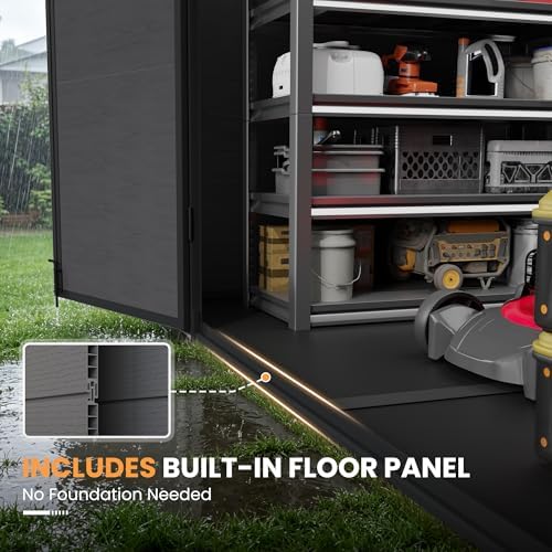 Amopatio 8x6 FT Resin Shed, Outdoor Storage Shed with Floor Included, Plastic Sheds Outdoor Storage for Garden Tools, Bike, Sheds & Outdoor Storage with Lockable Door, Window & Vents, Dark Grey