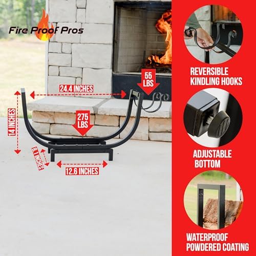 FireProof Pros Firewood Rack Outdoor and Indoor Firewood Storage with Kindling Wood Hooks. 24.5 in curved Double Coated Fire Wood Rack. Waterproof Rustproof Stable Log Holder and Fireplace Organizer