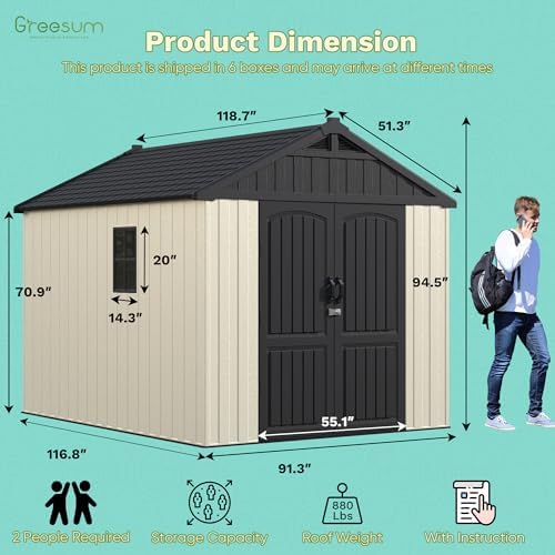 Greesum 8x10FT Plastic Outdoor Storage Shed with Floor, Resin Sheds, Beige