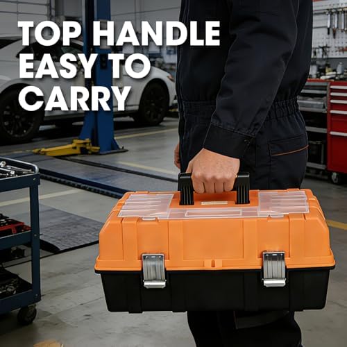 Torin 17-Inch Plastic Tool Box,3-Tiers Multi-Function Storage Portable Toolbox Organizer, Black/Orange ATRJH-3430T