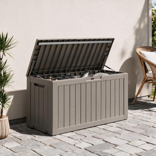 91 Gal Deck Box,Waterproof Resin Outdoor Storage Gas Lift,Lockable Grey