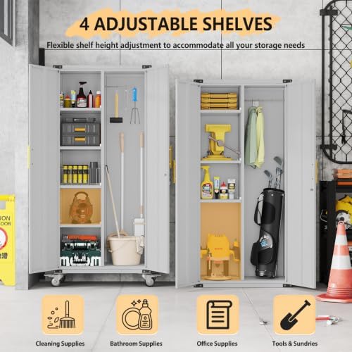 pozdeg 71" Rolling Lockable Metal Broom Closet Storage Cabinet, Grey White