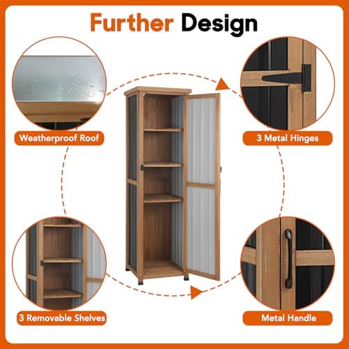 Outdoor Storage Cabinet, Wood & Metal Storage Shed with Weatherproof Roof, 3 Removable Shelves, Lockable Door, Adjustable Feet, Outside Storage Cabinet for Garage, Patio, Backyard