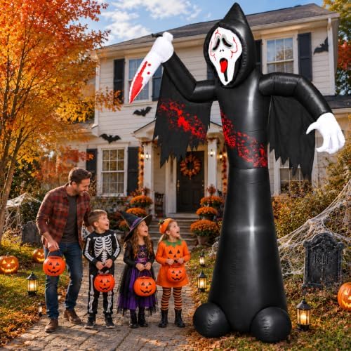 12FT Halloween Inflatable Decorations, Grim Reaper Ghost with Knife, 6 LED Lights, Spooky Face Scary Halloween Party Decorations, Large Blow Up Outdoor Yard Decor for Lawn Garden Party Graveyard