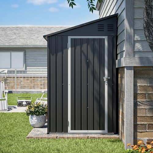 YOPTO 4x8 FT Lean to Outdoor Storage Shed,Metal Shed W/Floor Frame & Reversible Installation,All Weather Waterproof Garden Tool House W/Lockable Door & 2 Air Vents,for Backyard,Patio,Lawn,Black