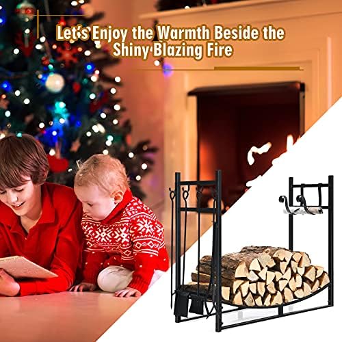 ORALNER 36” Firewood Rack, Indoor Firewood Storage Stand with Kindling Holder & 4 Fireplace Tools Set, Poker Tongs Broom Shovel, Wood Racks for Outdoor Firewood Fireplace Log Holder Lumber Stacker