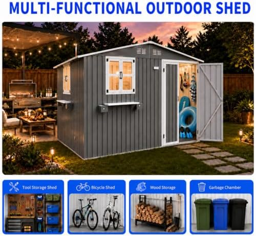 10x8 FT Outdoor Storage Shed with 2 Clear Windows, Metal Garden Shed with Flower Racks & Baskets, Outside Tool Shed with Lockable Double Doors, Waterproof Storage Building for Backyard, Gray