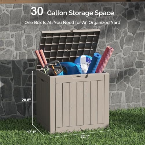 Sersper 30 Gallon Deck Box, Outdoor Lockable Storage Resin Box for Package-Sports Equipment-Garden Tools, Waterproof and UV Resistant Patio Storage Box, Grey