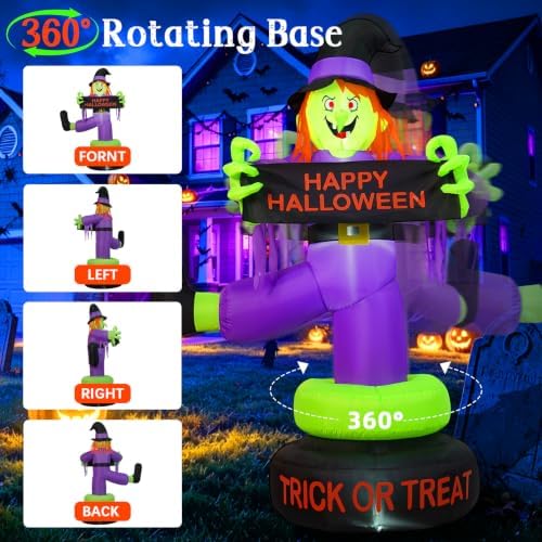 6FT Rotating Halloween Inflatables Outdoor Witch, 360° Swivel Base Lighted with Built-in LEDs, Holding Happy Halloween Sign, Waterproof & Windproof Decoration for Yard Garden Lawn