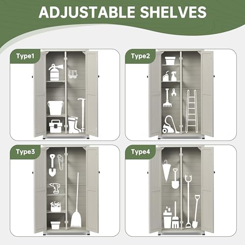 Outdoor Storage Shed with Floor & Adjustable Shelves, Wooden Garden Tool Cabinet Weatherproof, 71" Vertical Patio Organizer