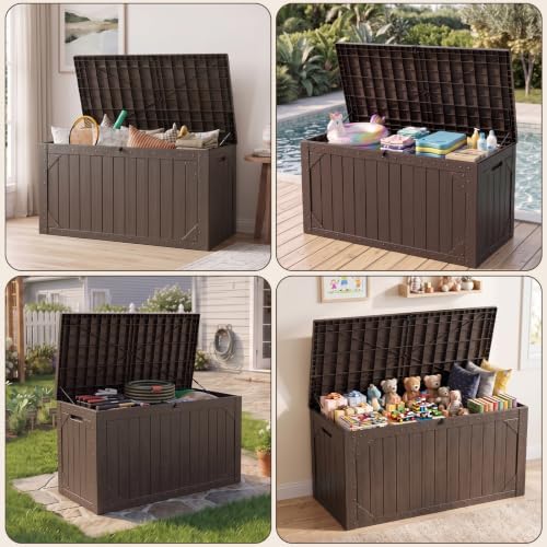 100 Gallon Outdoor Storage Box, Waterproof Large Resin Deck Box Lockable, Outside Storage Bin for Backyard Porch Patio Furniture Garden Tools, Brown