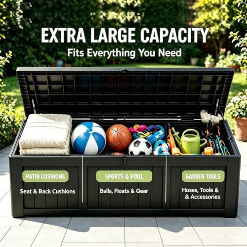 320 Gallon Outdoor Storage Box, Deck Boxes Outdoor Waterproof with Hydraulic Rod, UV-Resistant for All Weather Use, Lockable for Patio, Garden & Yard, Black