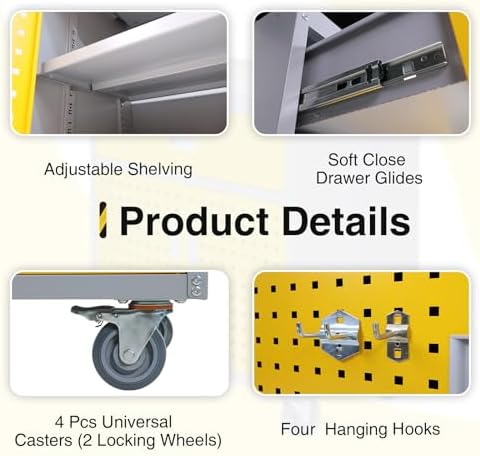 Metal Storage Cabinet with Wheels 30" x 18" x 34" Mobile Metal Garage Cabinet with 1 Drawer & 2 Doors Small Rolling Tool Storage Cabinet with 1 Adjustable Shelf & 4 Hanging Hooks, Yellow & Gray