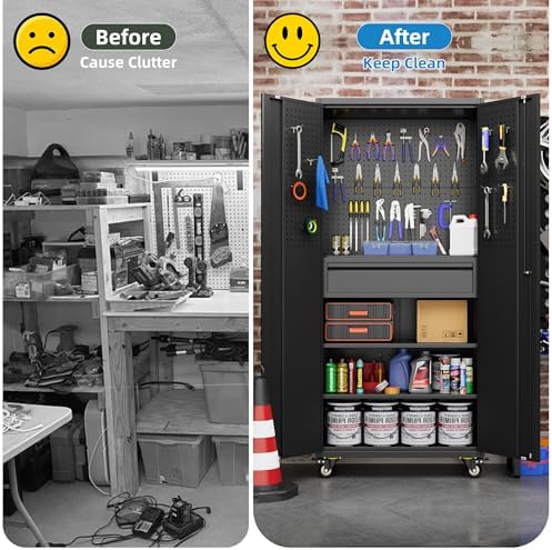 71" Rolling Metal Storage Cabinet with Lock & Pegboards, Black