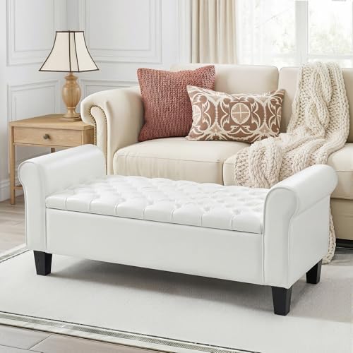 ECOTOUGE 55" Storage Ottoman Bench for Living Room, End of Bed Bench with Rolled Arm Leather Ottoman with Storage Upholstered Entryway Bench Retro Style Footboard Bench for Bedroom, Cream White