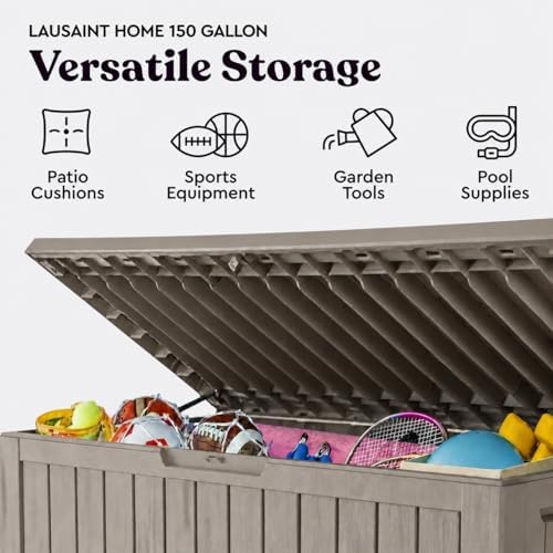 LAUSAINT HOME 150 Gallon Resin Deck Box, Package Delivery Box with Lockable Lid, Waterproof Outdoor Storage Box For Garden Tools, Patio Cushions(150 Gallon,Grey)