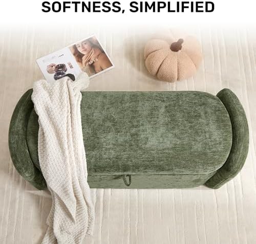 Oval Ottoman Bench with 20 Gal of Storage Space Upholstered Chenille Seat End of Bed Storage Bench Storage Ottoman with Storage for Bedroom, Living Room, Entryway, Window(Green)