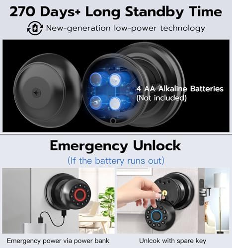 Anweller Smart Door Knob with Lock, Fingerprint Code Keypad Keyless Entry Electronic Digital Biometric Bluetooth App Control Doorknob for Bedroom Interior Apartment Garage - Black