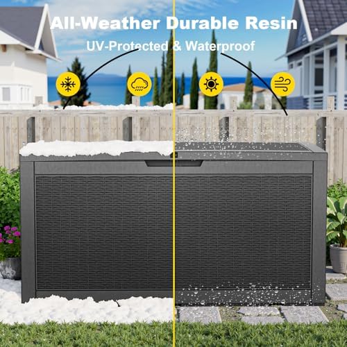 PatioZen 150 Gallon Resin Deck Box, Lockable Patio Outdoor Storage Box for Furniture, Garden Tools and Tools Storage, Waterproof Outside Storage Boxes - Black