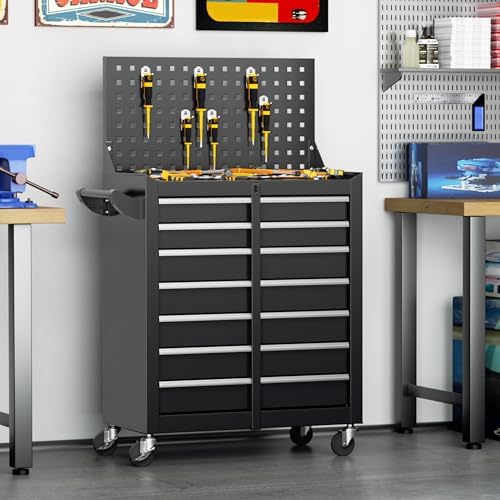 INTERGREAT 7 Drawers Rolling Tool Chest with Pegboard, Metal Tool Chest with Drawers, Tool Storage Cabinet with Wheels for Garage, Workshop, Repair Shop (Black)
