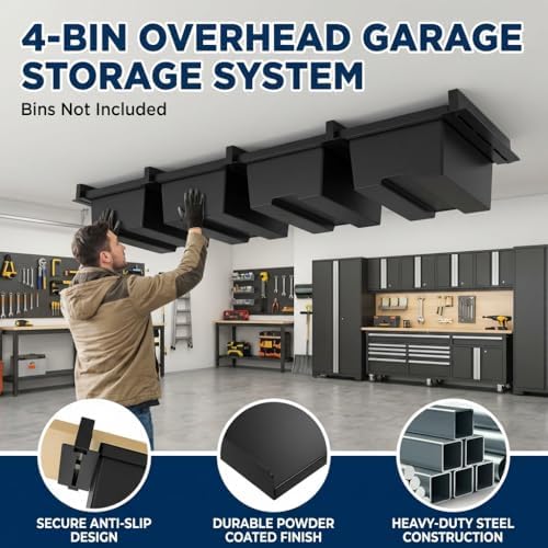 5-Pack Overhead Garage Storage Rack, Ceiling Mounted Tote Storage Rails