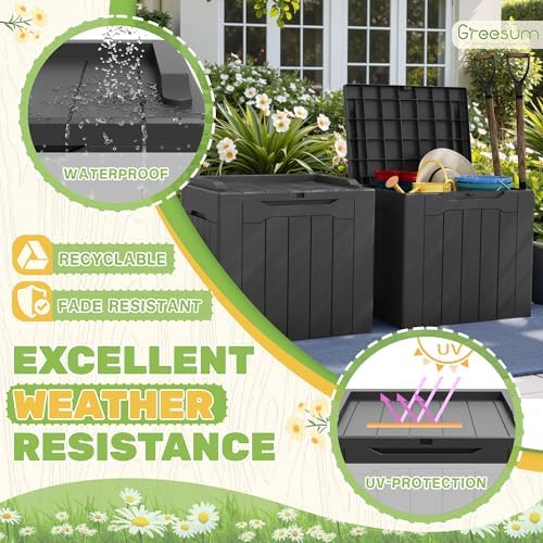 Greesum 31 Gallon Deck Box for Outside, All Weather Outdoor Storage Boxes for Patio Furniture Set, Package Delivery Box,Garden Tools, Gray(Set of 2)