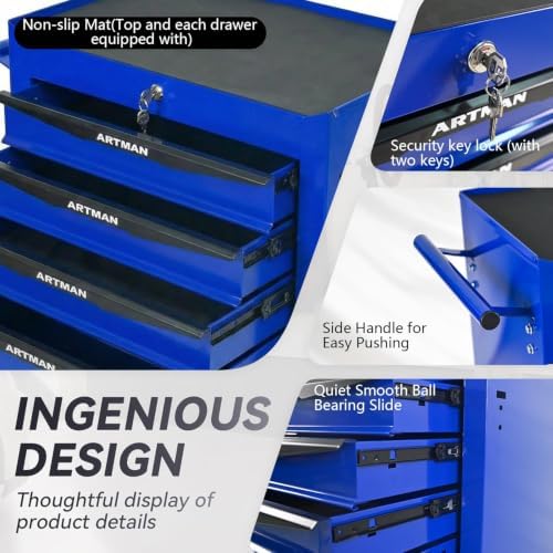 Heavy Duty 6-Drawer Rolling Tool Chest, Key Lock Tool Storage Cabinet with Lockable Casters & Drawer Liners, Mobile Tool Organizer Cart for Garage Workshop Warehouse Repair Shop (Blue)