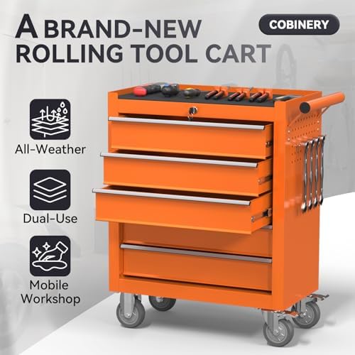 5-Drawer Rolling Tool Chest with Wheels, Metal Tool Storage Cabinet with Lock&Keys and Swivel, Toolbox with drawers, Tool Box for Warehouse,Garage, Repair Shop, Workshop (Orange, 5-Drawer)