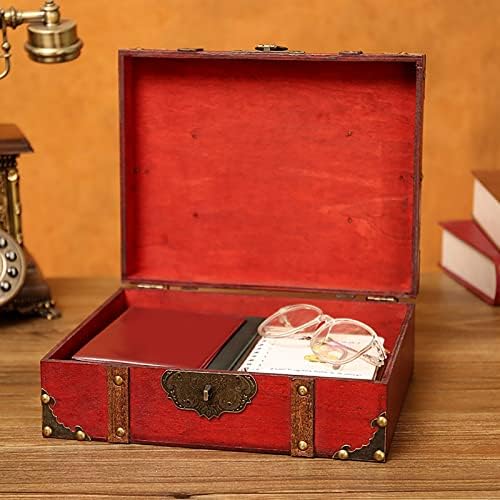 Vintage Decorative Wood Treasure Chest with Lock Jewelry Storage Box, Red