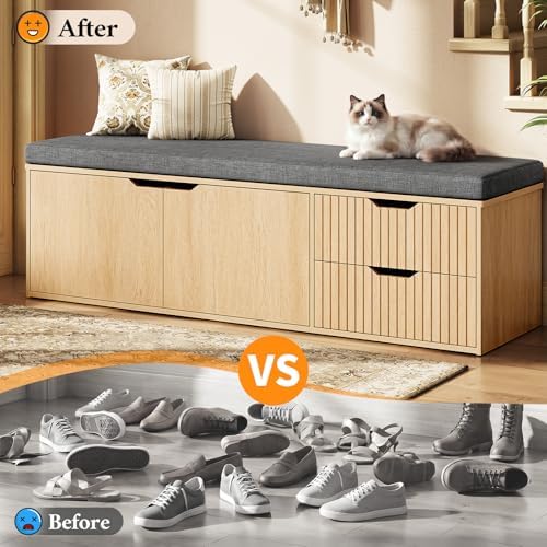 59" Storage Bench with Drawer, 2-Tier Shoe Bench with Storage, Long Entryway Bench, Thickened Cushion, Adjustable Shelf, Fluted Design for Entryway, Bedroom, Living Room, Natural