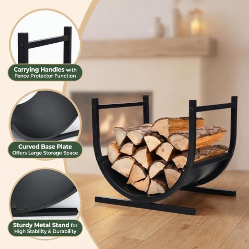 Goplus Firewood Rack, 17” U-Shaped Heavy-Duty Iron Log Rack with Stable Base & Carrying Holder, Indoor & Outdoor Decorative Wood Stacking Holder, Easy Set Up