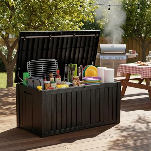 MAKINO 152 Gallon Resin Outdoor Storage Box, Waterproof Deck Box with Lockable Lid, Outside Storage Box for Patio Furniture, Pool Accessories, Garden Tools, Storage Bench for Backyard, Porch, Black