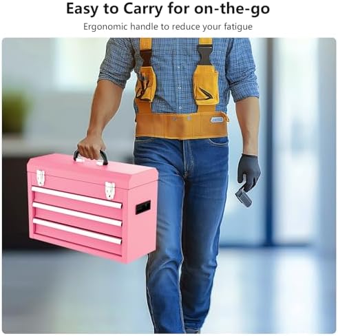 3 Drawer Metal Tool Box, Portable Metal Tool Box with EVC Liners and Latches Closure, Heavy Duty Steel Tool Chest with Ball Bearing Opening and Powder Coated Finish, Pink