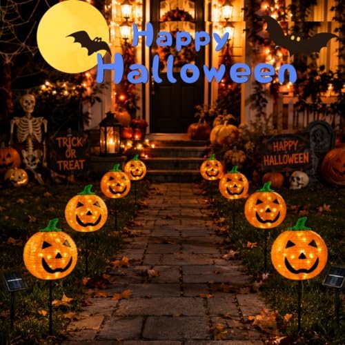 4Pack Solar Halloween Pumpkin Stake Light with 8 Lighting Modes, Fabric Lantern Yard Decor with Metal Stand, Foldable Pumpkin Garden Lights for Lawn, Patio, Pathway, and Halloween Party Decorations