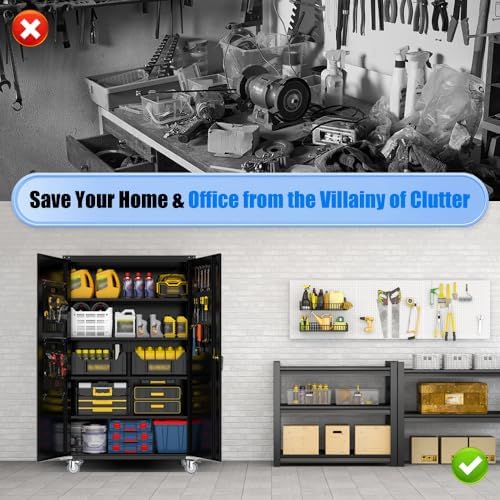 Yeeoy 72" Wide&Deep Metal Garage Storage Cabinet with Wheels, Black
