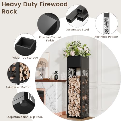 12" Firewood Rack Outdoor with Planter & Reinforced Bottom, Black