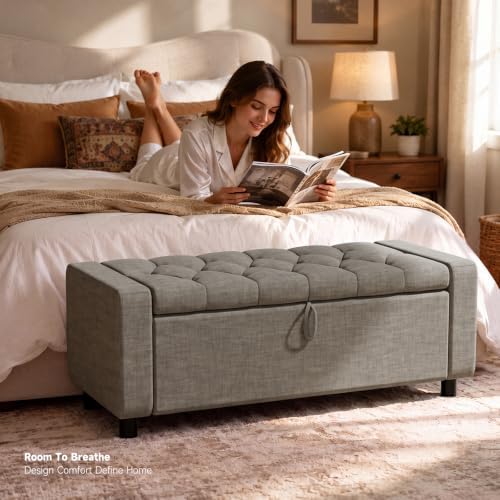 46" Storage Ottoman Bench, 30Gal Linen Tufted, End of Bed Bench