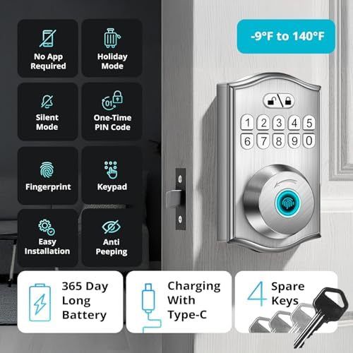 Miko i9 Keypad Door Lock with Handle Set – Fingerprint Keyless Entry Front Door Lock, Electronic Deadbolt with Lever Handle for Exterior Door, Auto-Lock, 100 Fingerprints and Codes