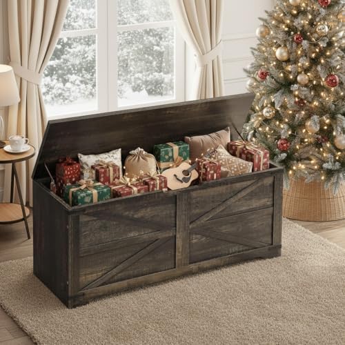 DWVO Wooden Storage Bench, Farmhouse Storage Chest, 39.4"L, Dark Rustic Oak