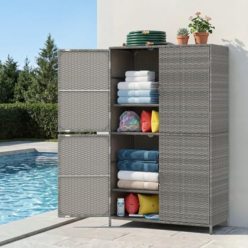 Tangkula Rattan Outdoor Storage Cabinet, Patiojoy Outdoor Cabinet with 2 Adjustable Shelves, 4 Doors, Patio Storage Deck Box Table for Patio Garden Poolside