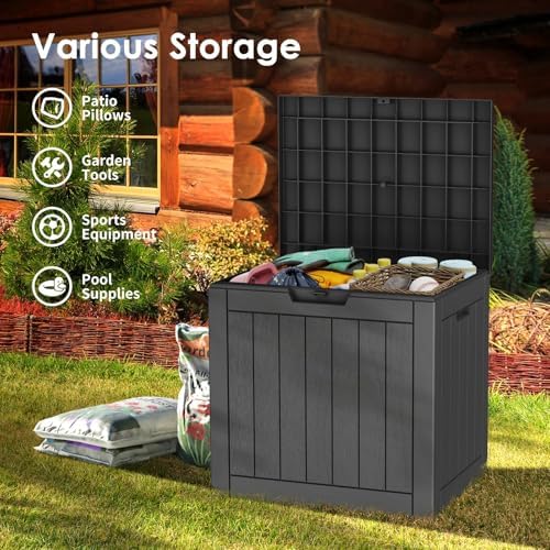 Outdoor Storage Box, 35 Gallon Waterproof Deck Box, Quick Snap-Lock Resin Cabinet for Seat Pillows, Patio Blankets, Lockable End Table Beverage Stand, Apartment Deck, Black