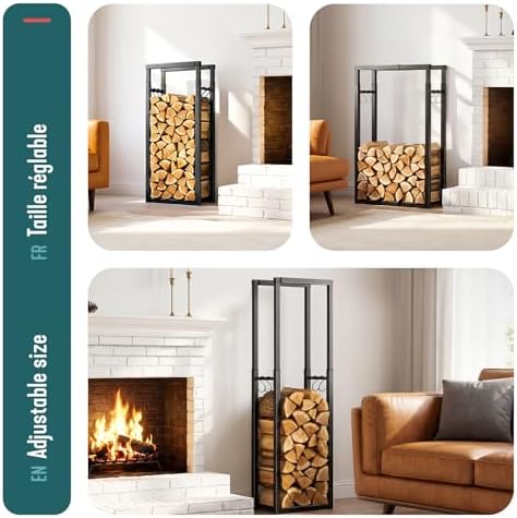 VOUNOT Firewood Rack Adjustable Firewood Holder Heavy Duty Log Holder Stand for Fireplace Fire Wood Storage Holder for Indoor Outdoor 5 ft Height Black