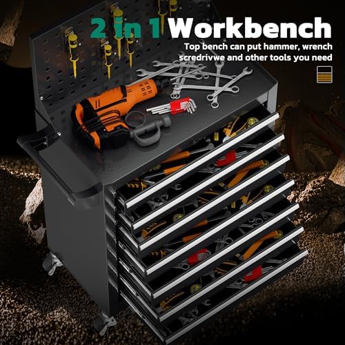 Greenvelly 7-Drawer Metal Tool Chest, Rolling Tool Chest with Wheels, Tool Cabinet with Pegboard and Hooks, Metal Tool Cart with Handle for Garage, Workshop, Warehouse (Black)