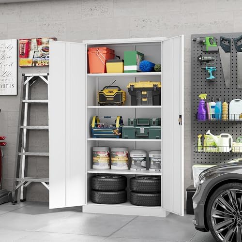 Yizosh Metal Garage Storage Cabinet with Lock, 71" Locking Tool Cabinet with 2 Doors and 5 Shelves, Heavy Duty for Garage, Office, School (White)