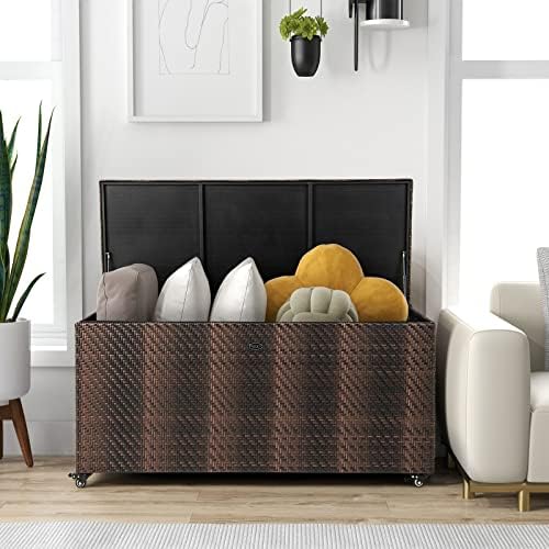 GIANTEX 96-Gallon Outdoor Storage Box - PE Wicker Deck Box with Lid, 4 Wheels, Waterproof Liner, outside Rattan Storage Container for Patio Cushions, Garden Tools Accessories Storage Box (Mix Brown)