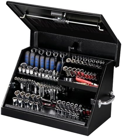 Montezuma – SM200B – 22.5-Inch Portable TRIANGLE Toolbox – Heavy-Duty Steel Construction – Metric and SAE Storage Chest – Weather-Resistant Toolbox – Lock and Latching System