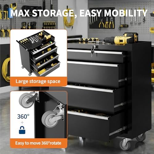 Rolling Tool Chest, 4-Drawer Tool Storage Cabinet, Tool Box with Wheels, Lock System and Drawer Liners, Tool Cart for Warehouse, Workshop and Repair Shop, Black